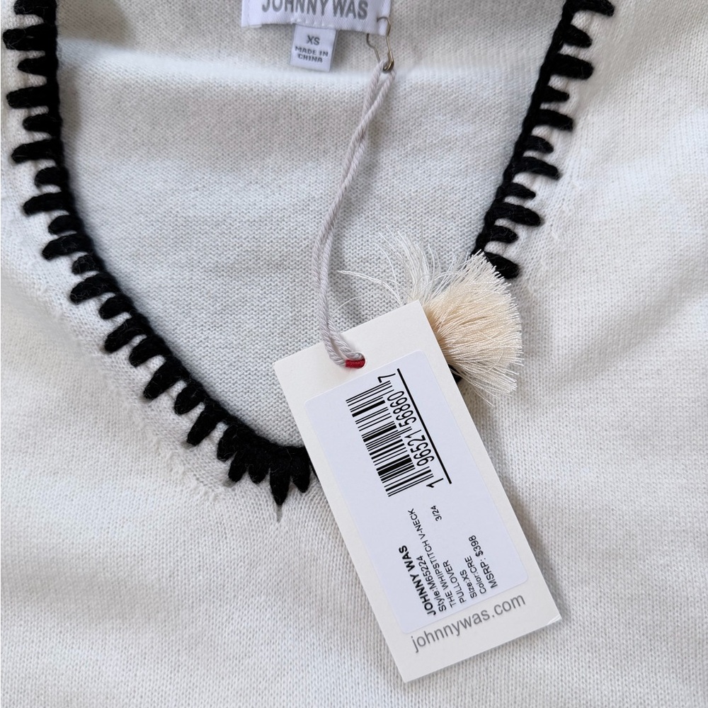 Johnny Was Cream V-Neck Sweater with Black Trim - Picture 6 of 6